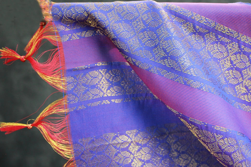 Violet Ponnadai Poly Silk Jacquard Temple Shawl with Zari Pattern and Tassels for Pooja, Weddings, Functions