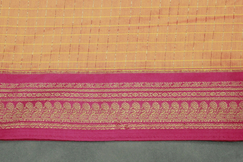 Kalyani Cotton Saree in Orange with Zari Checked & Zari Peacock Border and Blouse Piece