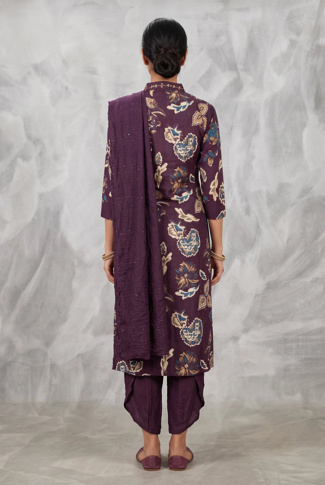 Purple Cotton 3-Piece Kurti Set with Aari & Mirror Work, Elastic Pant and Chiffon Dupatta