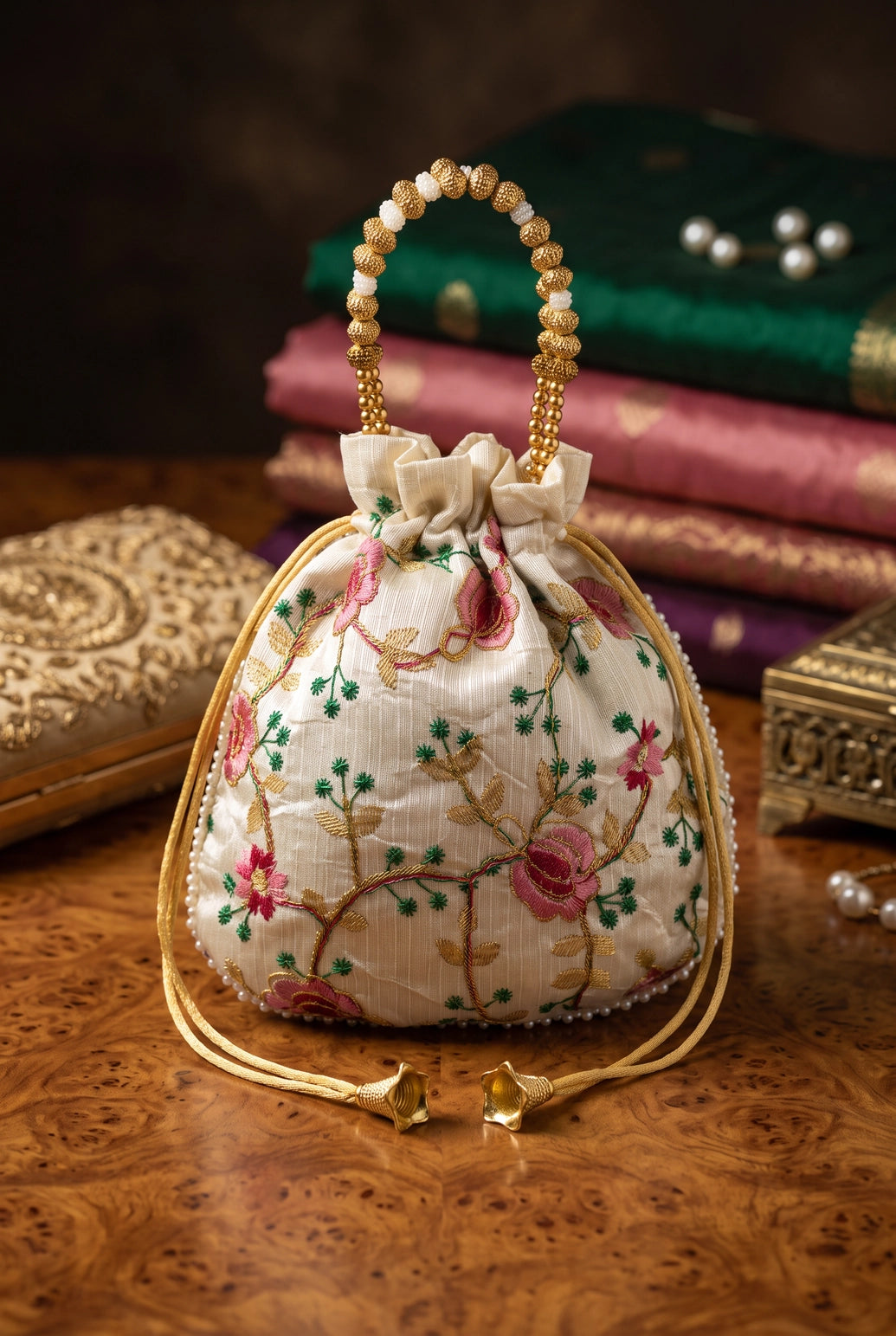 Floral Embroidered Cream Potli Pouch with Pearl Bead Trim and Drawstring — Ethnic Wedding Festive Gift Bag