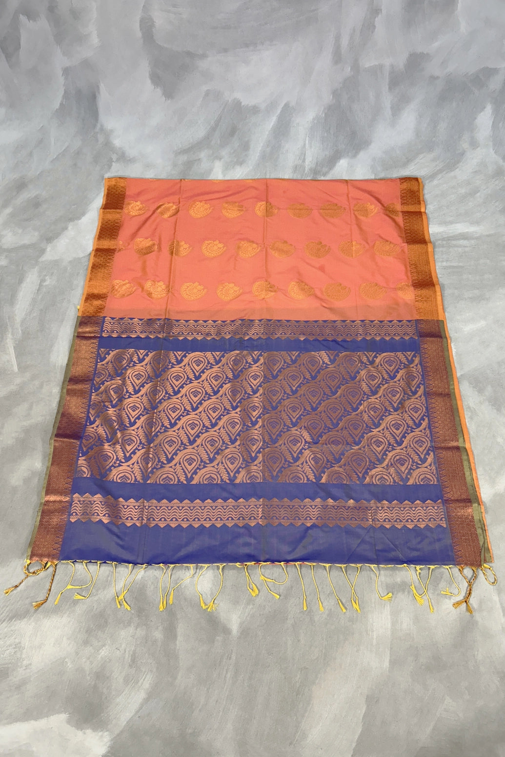 Peach Korvai Soft Silk Saree with Gold Zari Buttas and Traditional Floral Border with Blouse
