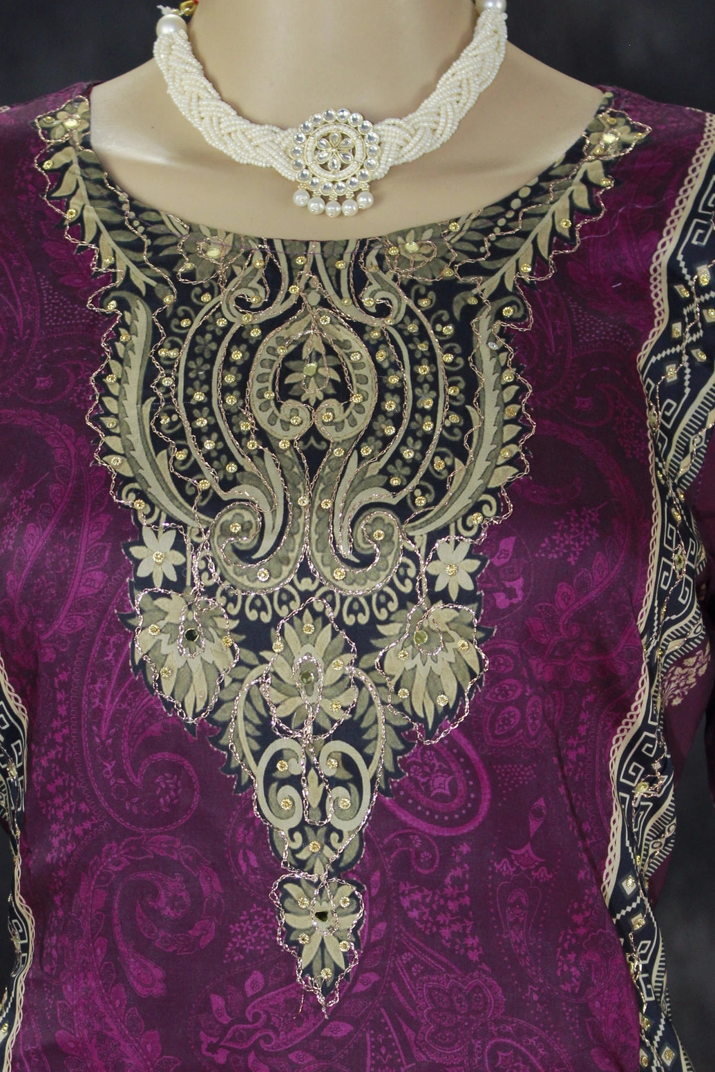 Purple Designer Crepe 3-Piece Salwar Set with Stone & Mirror Embroidery and Gold Coin Hangings