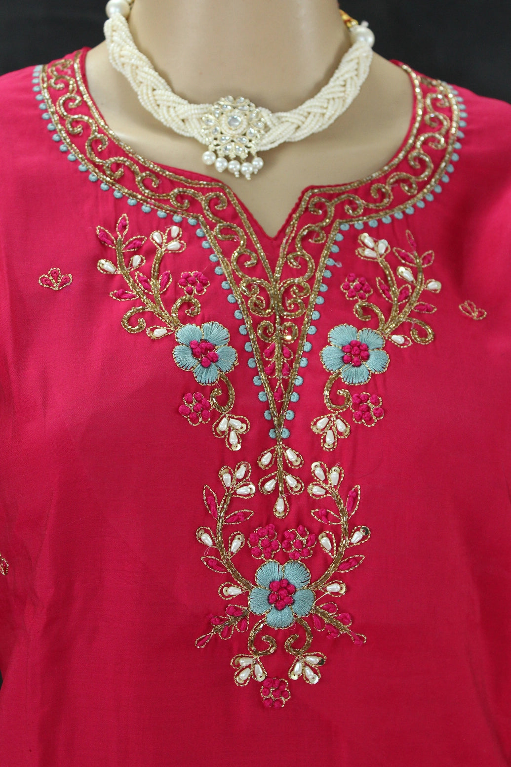 Deep Pink Aari Pearl Embroidered Kurti Pant & Dupatta 3-Piece Set for Women