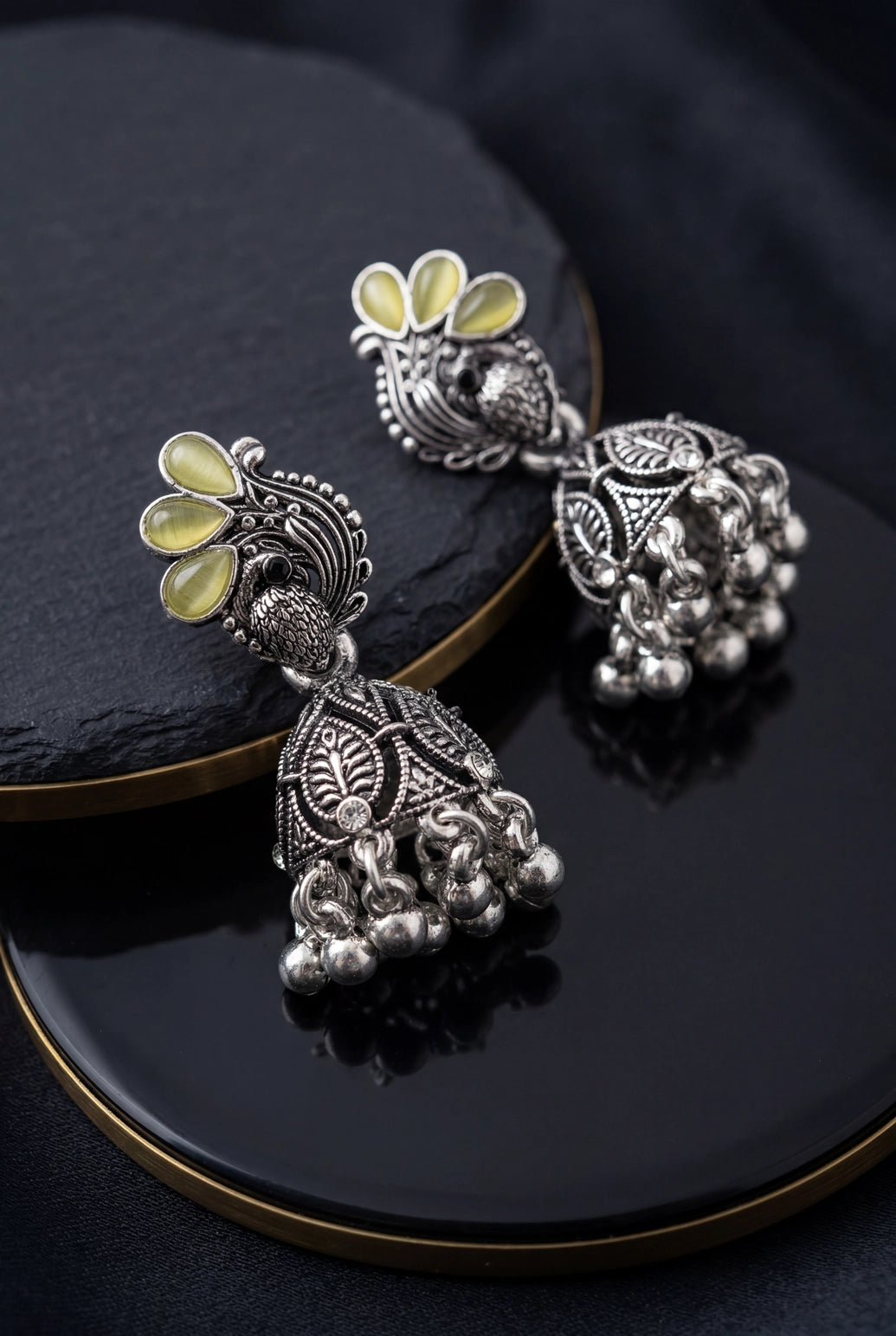 Lemon Yellow Leaf Jhumka Oxidized Silver-Tone Fashion Earrings with Ghungroo Dangles