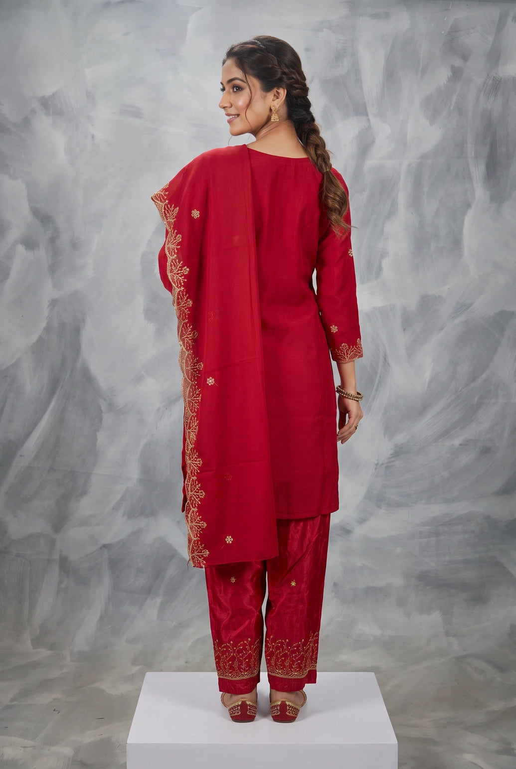 Rani Pink Heavy Embroidered Kurti Pant Set with Jarkan Work and Organza Dupatta