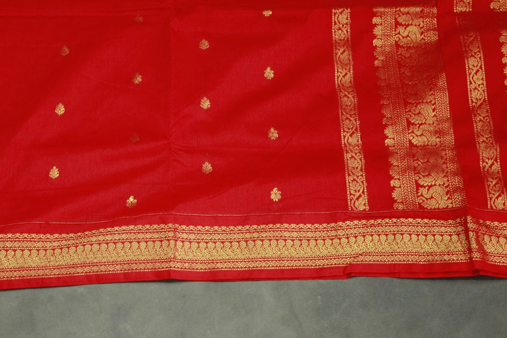 Tomato Red Kalyani Cotton Saree with Putta Design and Zari Border Saree with Blouse
