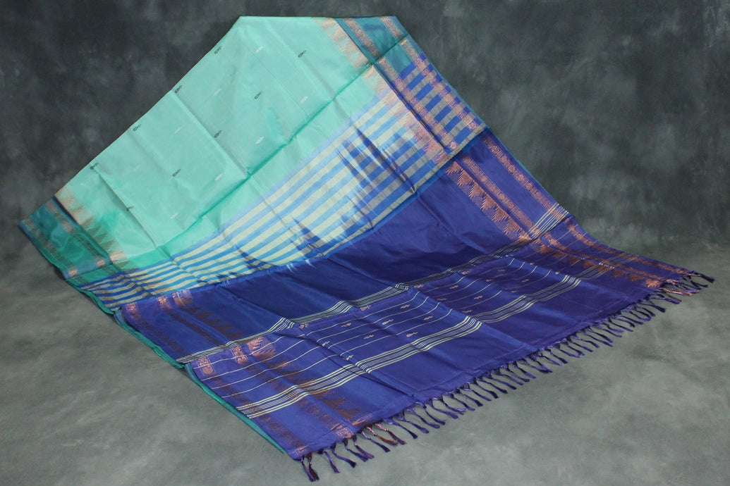 Vaazhai Naar (Banana Pith) Saree with Zari Border and Buttas - Light Green with Purple Pallu