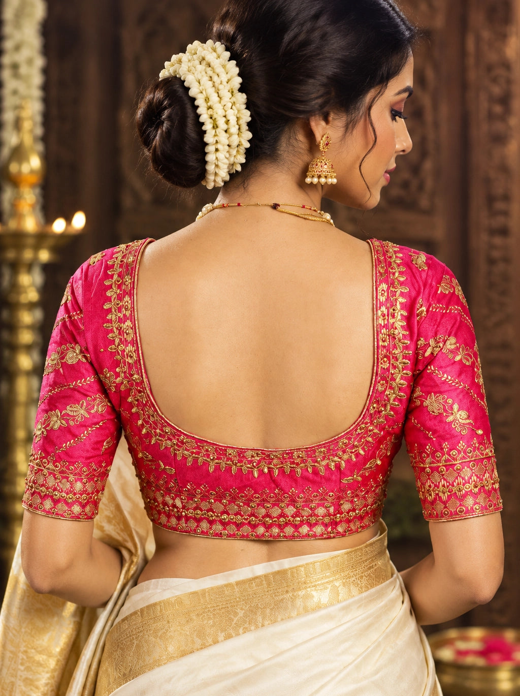 Magenta Designer Padded Blouse with Zari Floral & Vine Work, U-Shaped Neckline, Elbow Sleeves, Fully Stitched