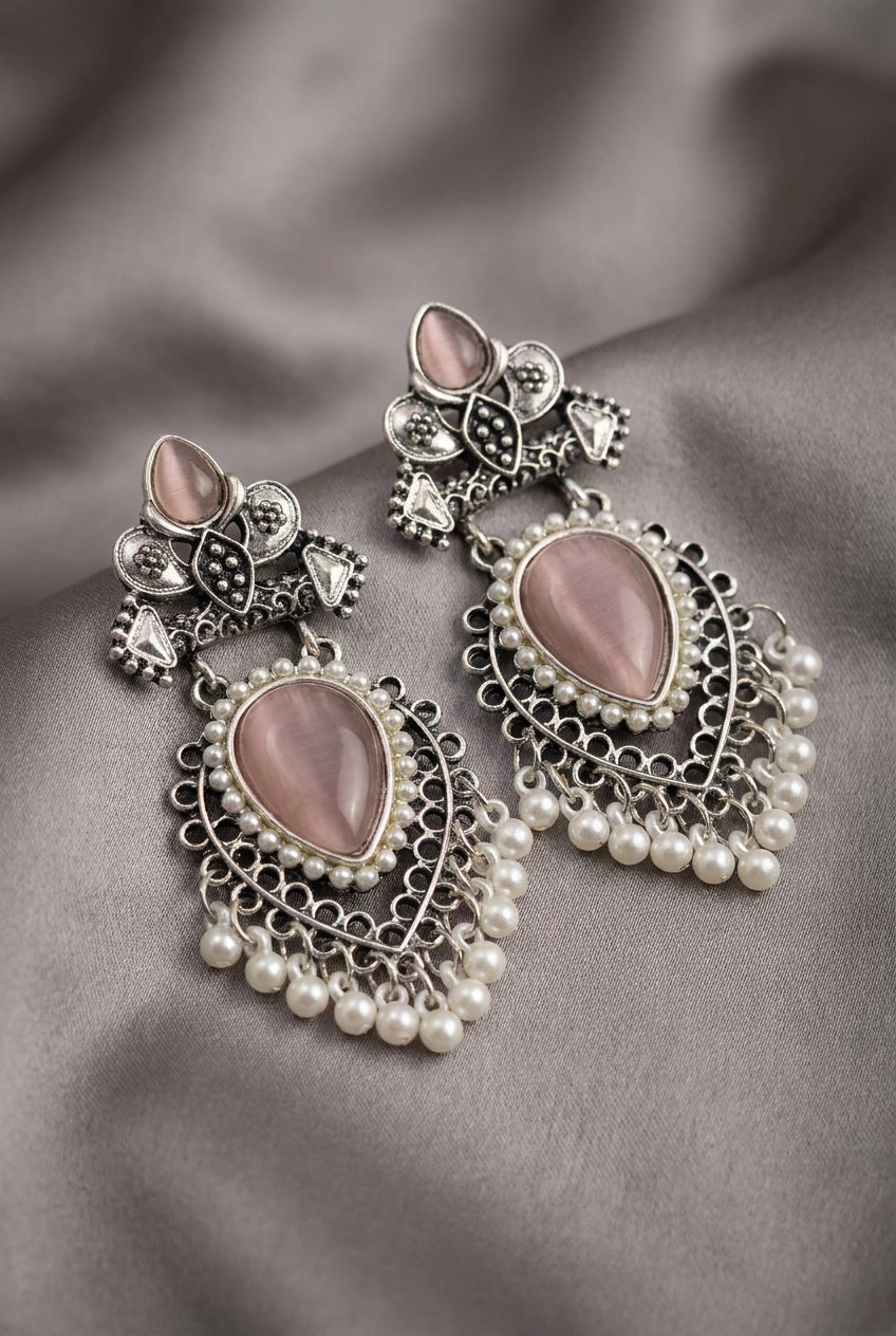 Oxidized Silver-Tone Teardrop Stone & Pearl Drop Earrings in Onion Pink