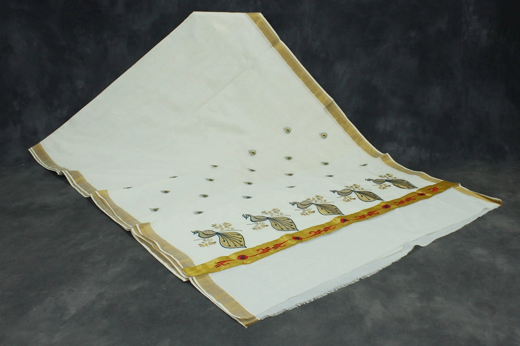 Kerala Cotton White Saree with Gold Zari Peacock Embroidery and Blouse Piece