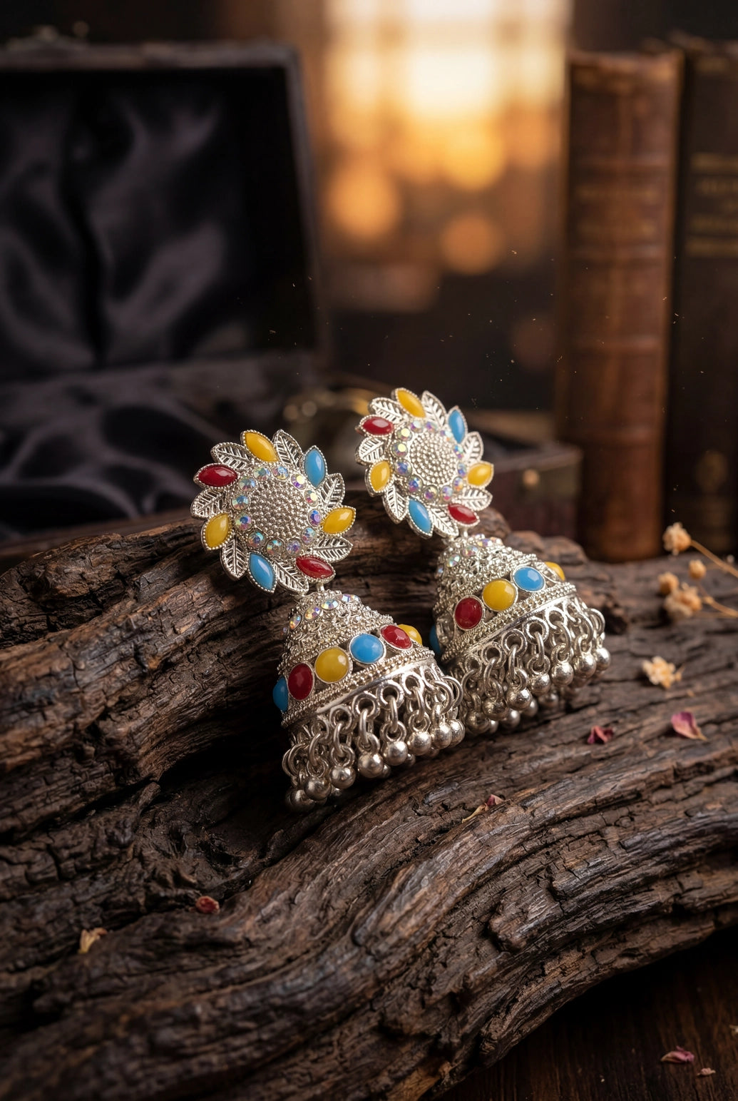 Silver Oxidized Multicolor Jhumka Earrings with Stud Top and Dangler Beads for Festive Traditional Wear
