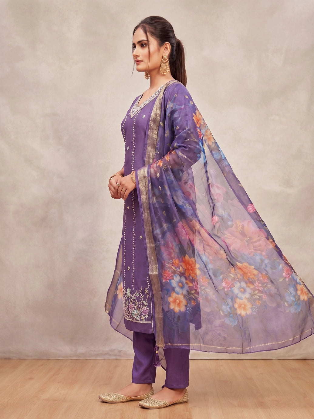 Lavender Roman Silk 3-Piece Kurti Set with Elastic Pant and Digital Jacquard Dupatta
