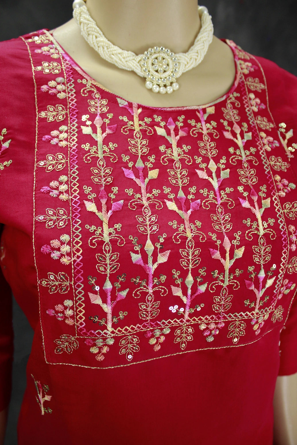 Elegant Dark Pink Roman Silk 3-Piece Kurta Set