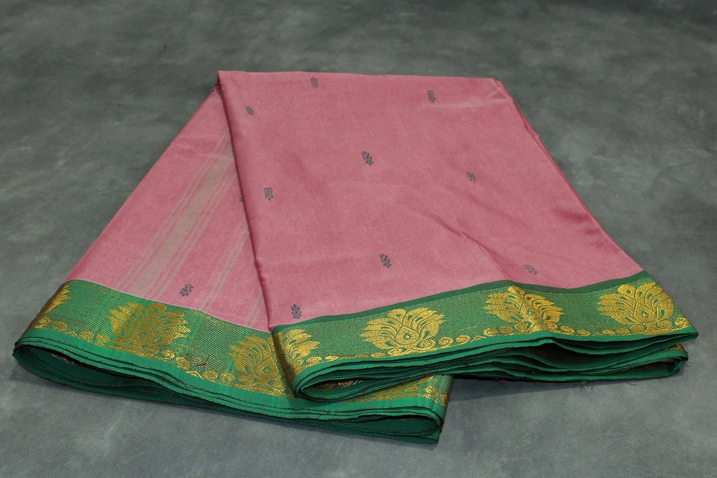 Onion Pink Poly Cotton Saree with Green Zari Border and Butta Motifs Saree JCS Fashions