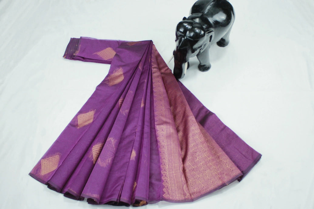 Violet Silk Cotton Saree with Zari Border and Matching Blouse