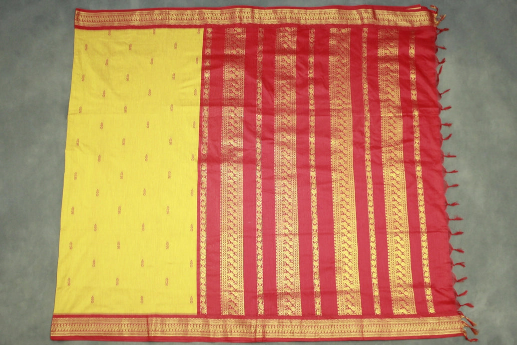 Yellow Kalyani Cotton Saree with Putta Design and Zari Border and Blouse