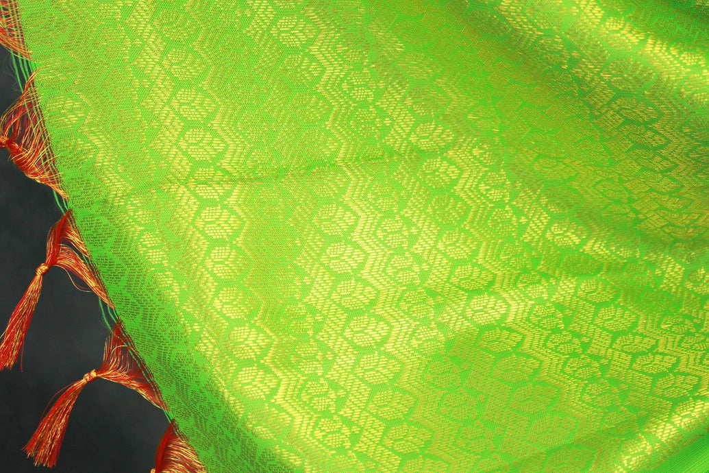 Light Green Ponnadai Poly Silk Jacquard Shawl with Tassels for Temple, Pooja & Functions | Traditional Dupatta