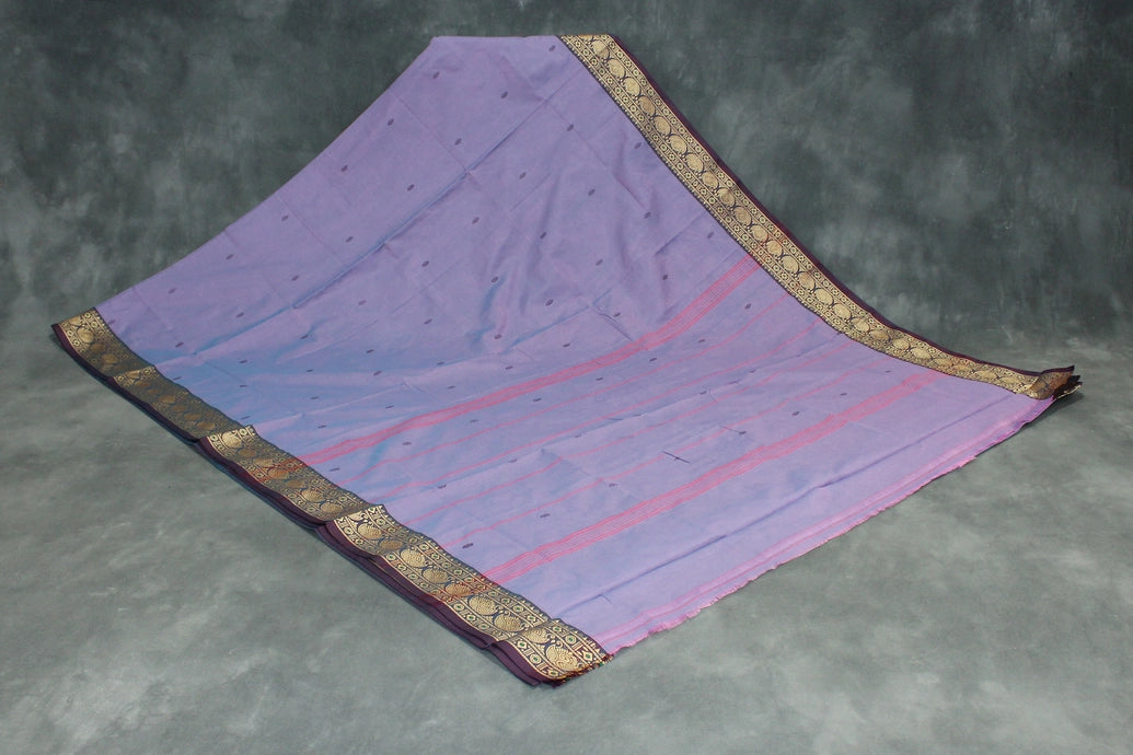 Lavender Poly Cotton Butta Saree with Gold-Thread Lotus Border Saree JCS Fashions