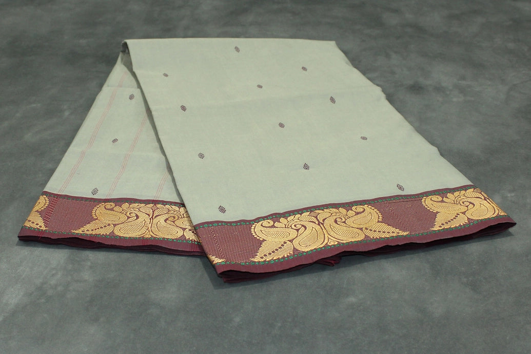 Beige Poly Cotton Butta Saree with Maroon Threaded Gold-Tone Motif Border - Traditional Ethnic Wear Saree JCS Fashions