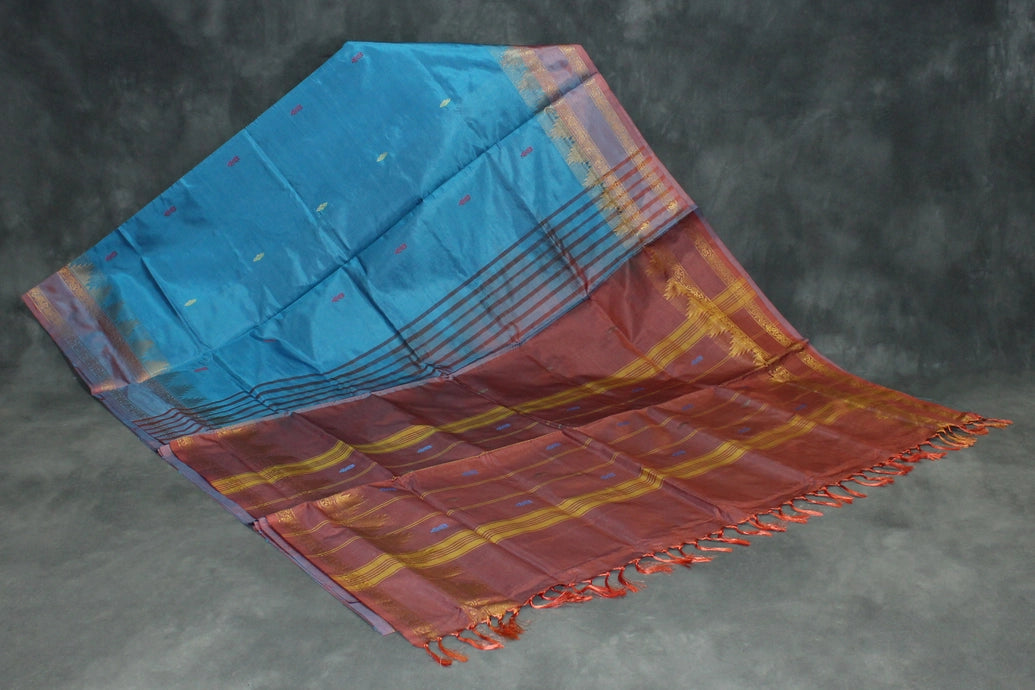 Blue & Brown Vaazhai Naar (Banana Pith) Saree with Zari Border and Small Butta