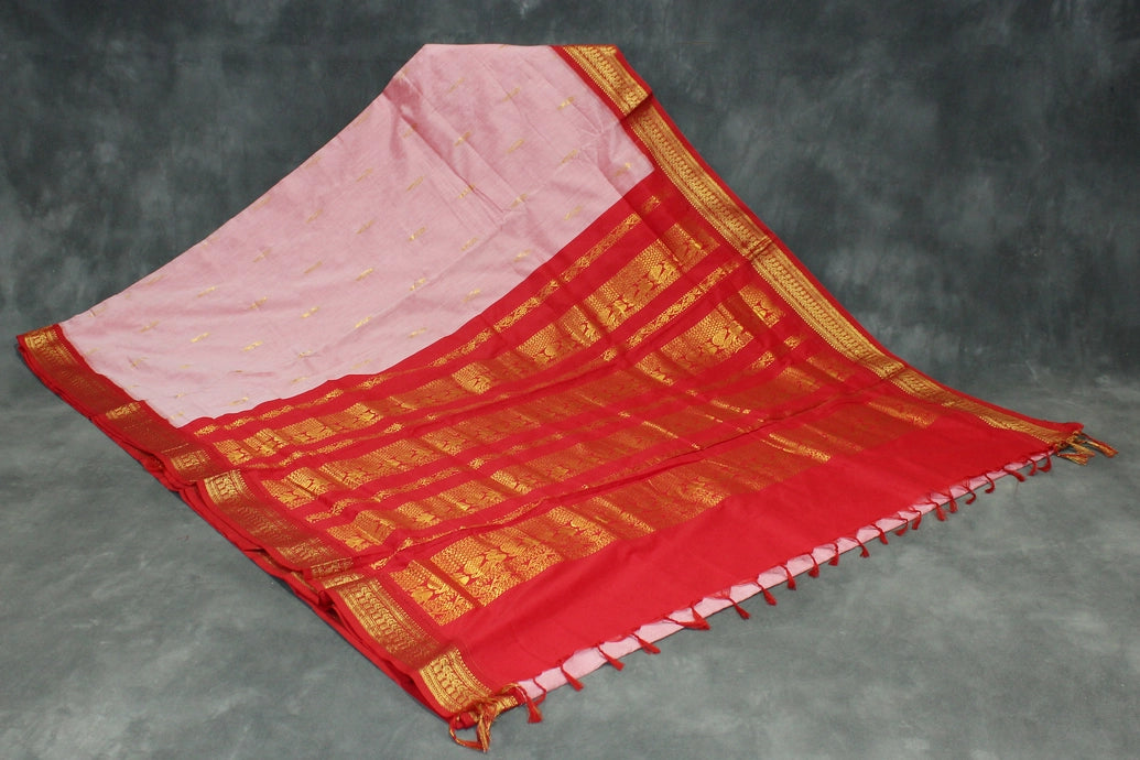 Pink Silk Cotton Saree with Thick Golden Zari Border, Full-Body Buttas and Grand Pallu Saree JCS Fashions