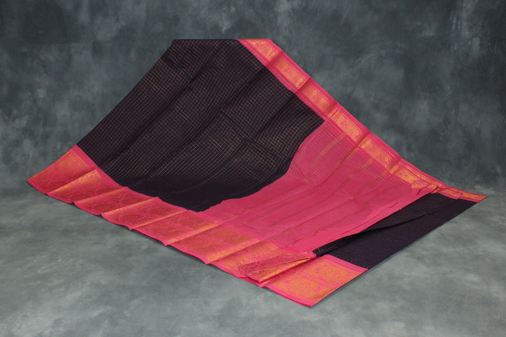 Dark Purple Sungudi Cotton Saree with Checked Zari Body and Pink Peacock Zari Double Border