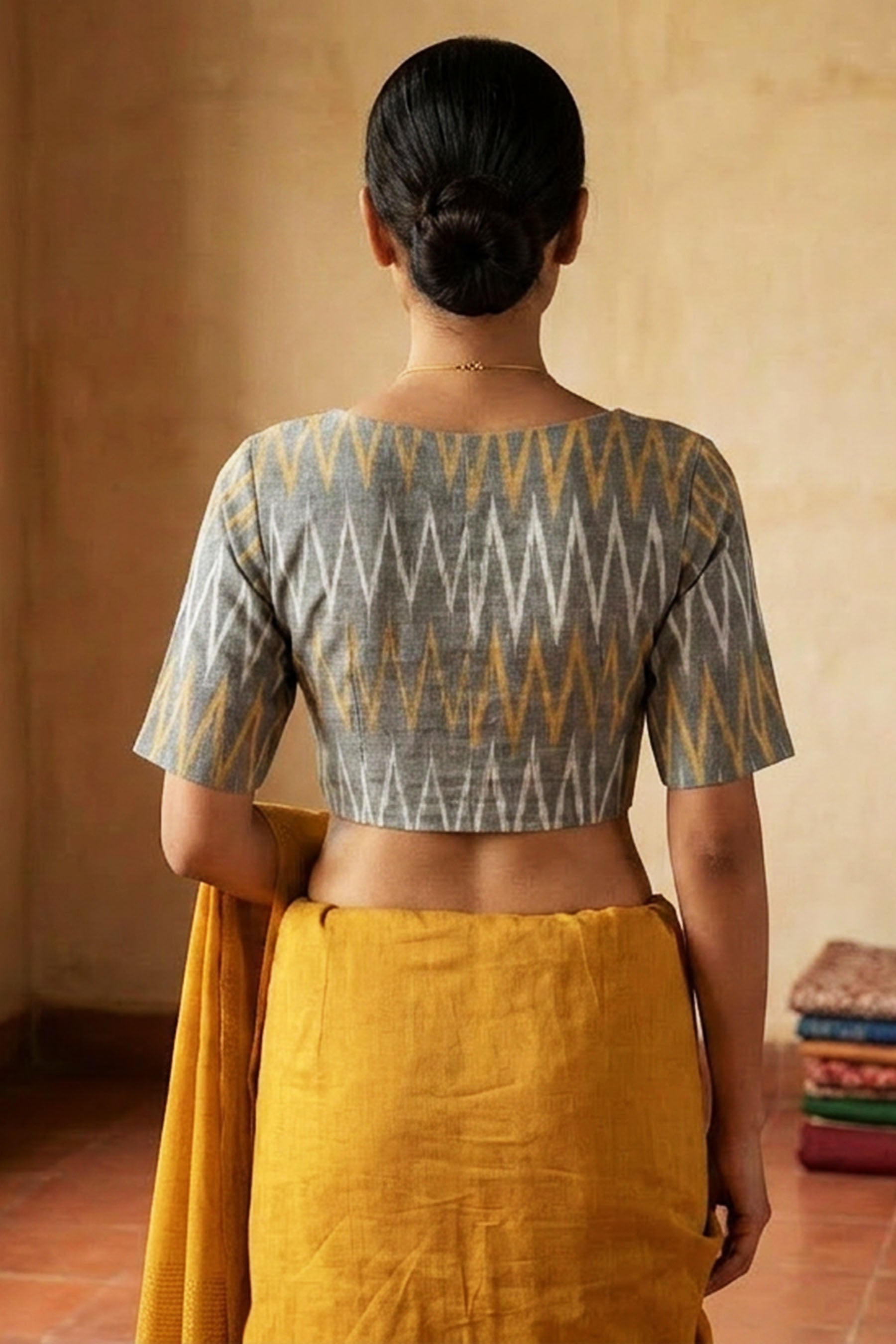 Gray Cotton Ikkat Blouse - Boat Neck, Stitched - AI Model Photo 3