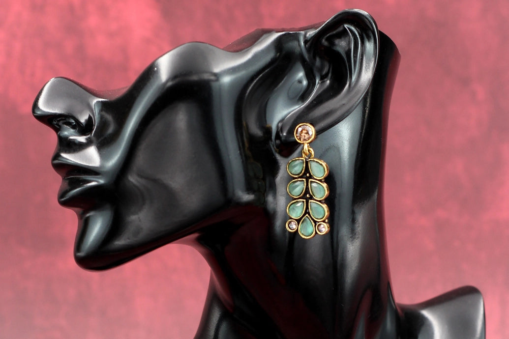 Mint Green Teardrop Leaf Gold-Tone Dangle Earrings — Traditional Ethnic Fashion Jewellery Jewelry JCS Fashions