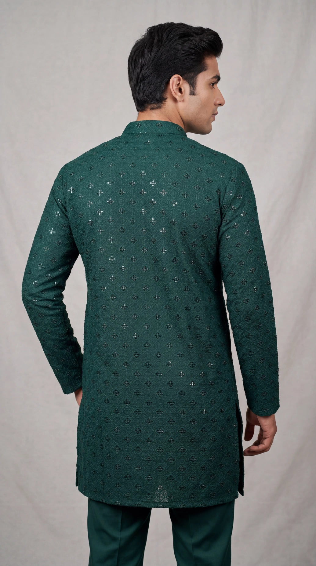 Green Lakhnavi-Style Men’s Kurta with All-Over Sequins, Solid Kurta Design for Festive Wear