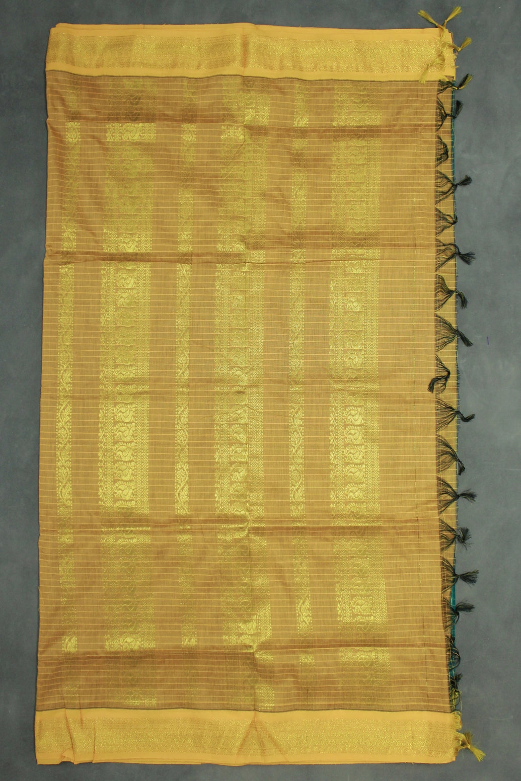 Green Kalyani Cotton Saree with Zari Checked & Peacock Border, Comes with Blouse