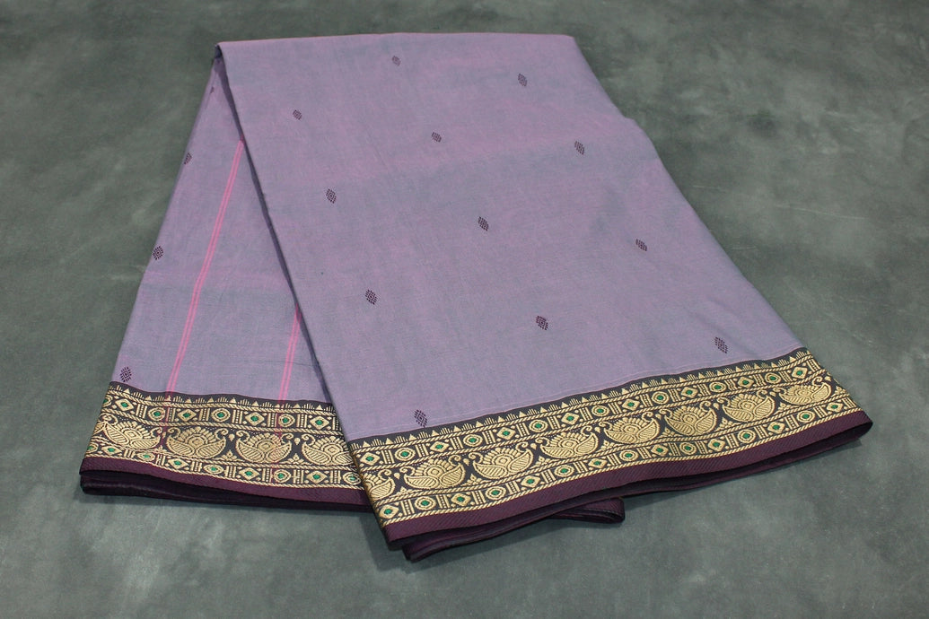 Pale Lavender Poly Cotton Saree with Woven Gold-Thread Border and Butta Motifs Saree JCS Fashions