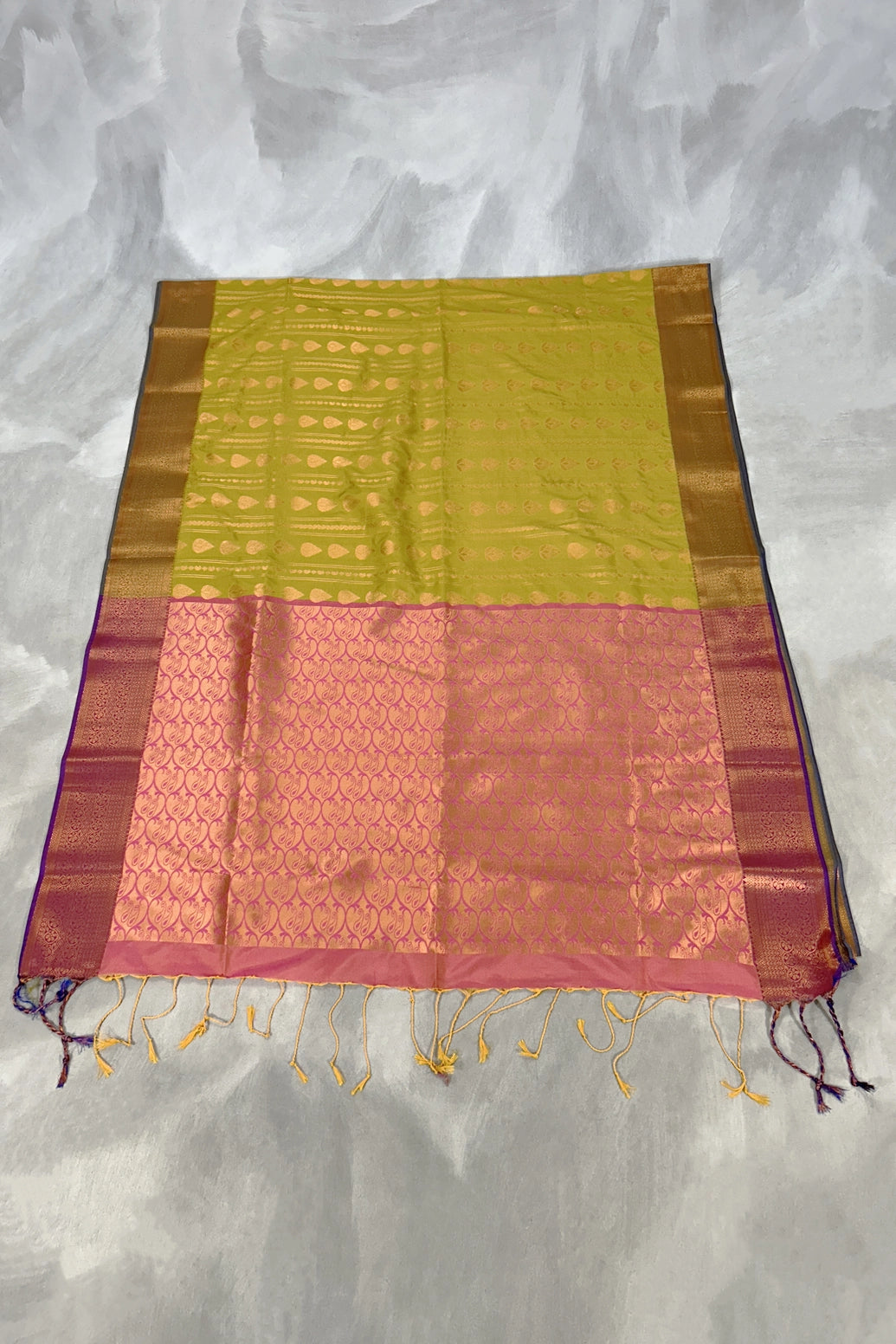 Mustard Korvai Soft Silk Border Saree with Delicate Gold Zari Buttas and Floral Zari Border