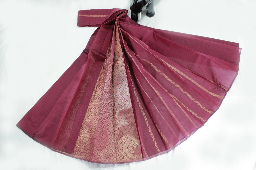 Maroon Silk Cotton Saree with Zari Border, Borderless Design, Comes with Blouse Piece