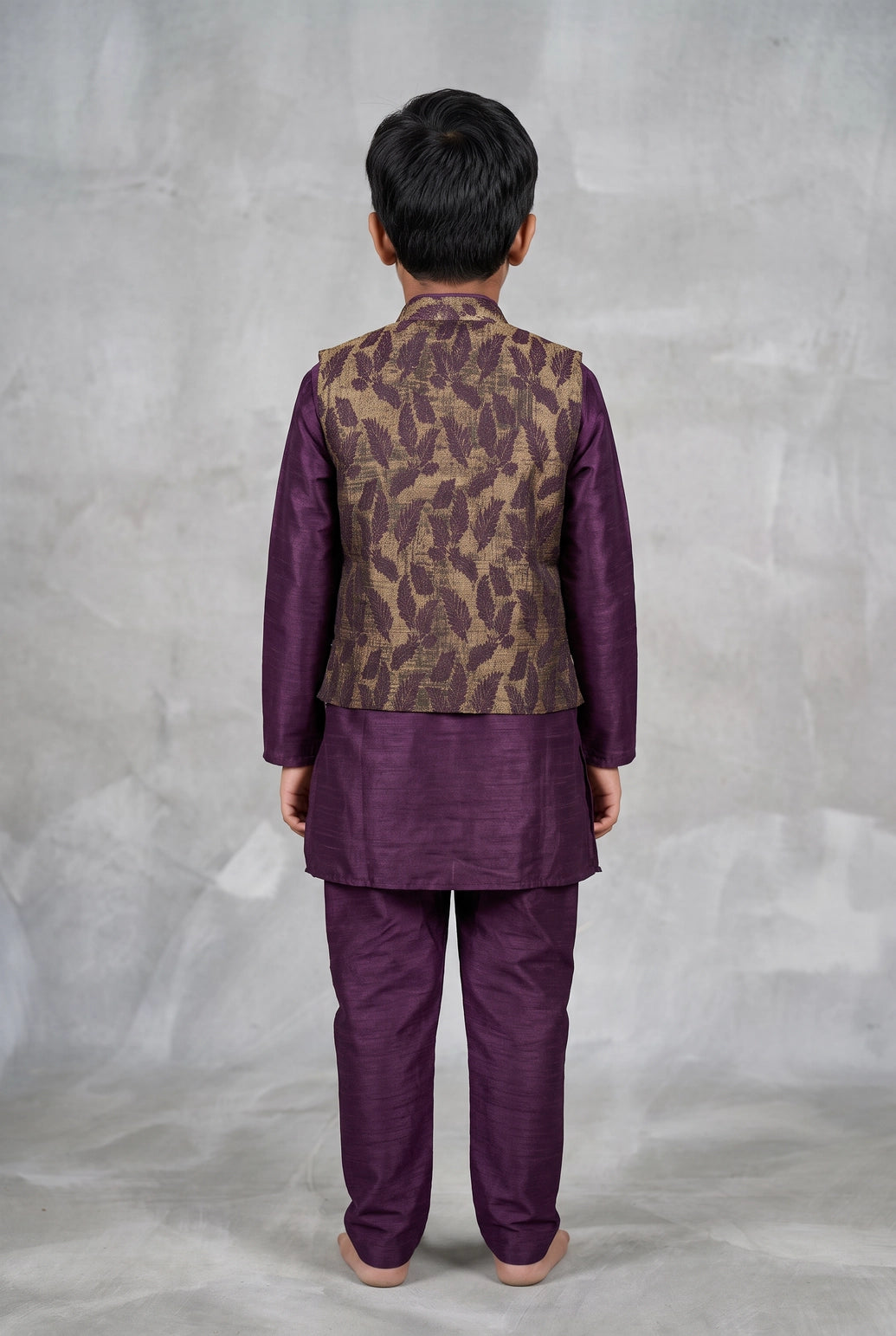 Boys Wine Koti Kurta Set (3-Piece) with Nehru-Style Waistcoat, Matching Pants & Brooch