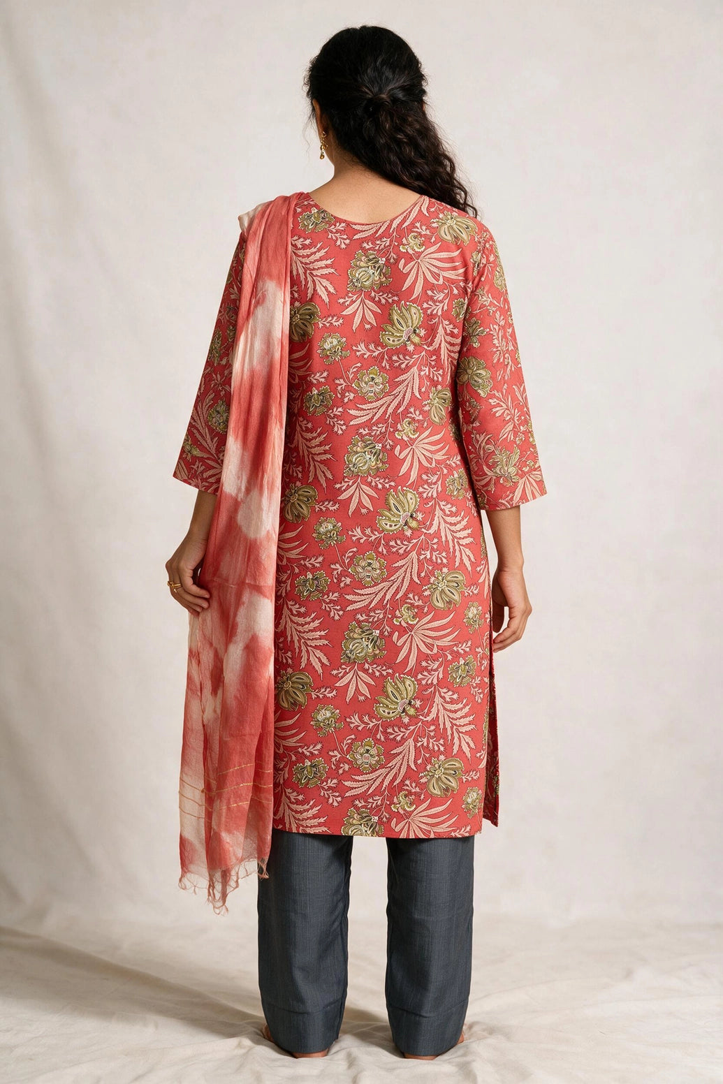Magenta Floral Cotton Kurti Pant Set with Matching Dupatta - Round Neck Button Placket 3-Piece Suit