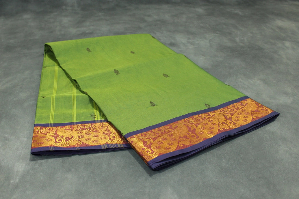 Green Poly-Cotton Butta Saree with Zari Peacock Border and Line Pallu Saree JCS Fashions