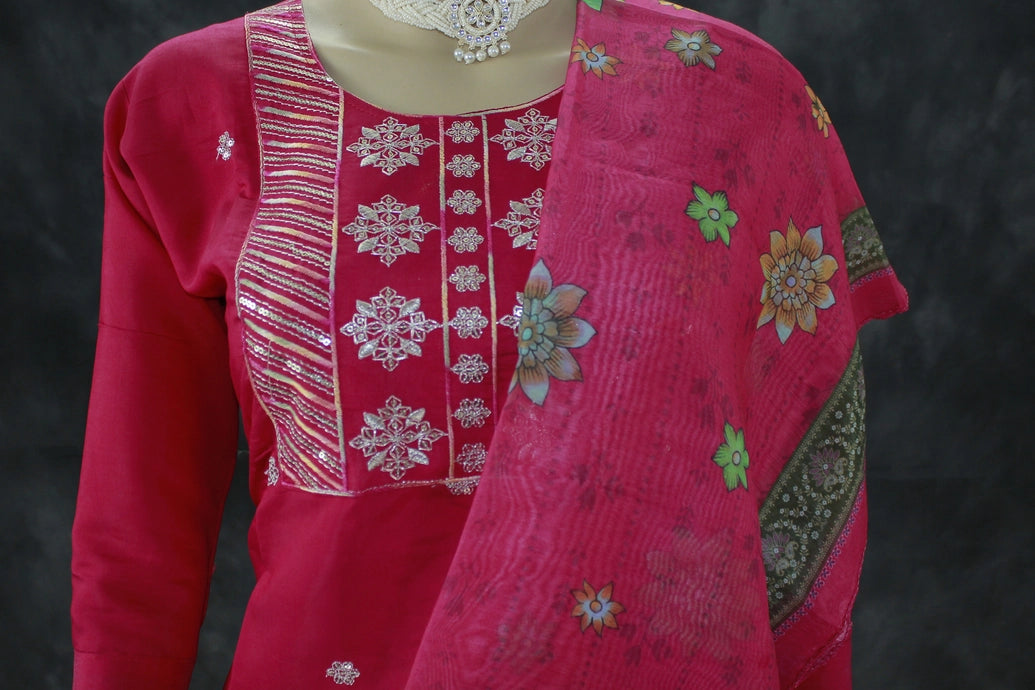 Pink Roman Silk Embroidered Kurti Set - 3-Piece with Bead Handwork & Digital Floral Dupatta Kurti JCS Fashions