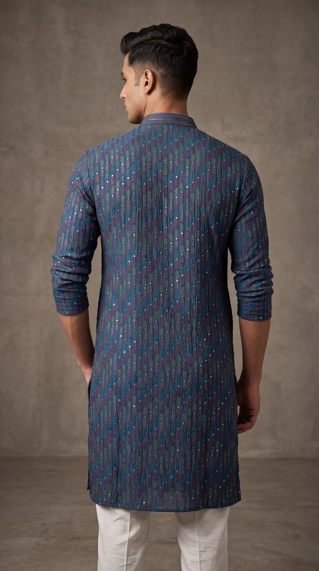 Men’s Blue Cotton Kurta with Multicolor Embroidery and Gold Sequins (Pareek) - Traditional Ethnic Wear