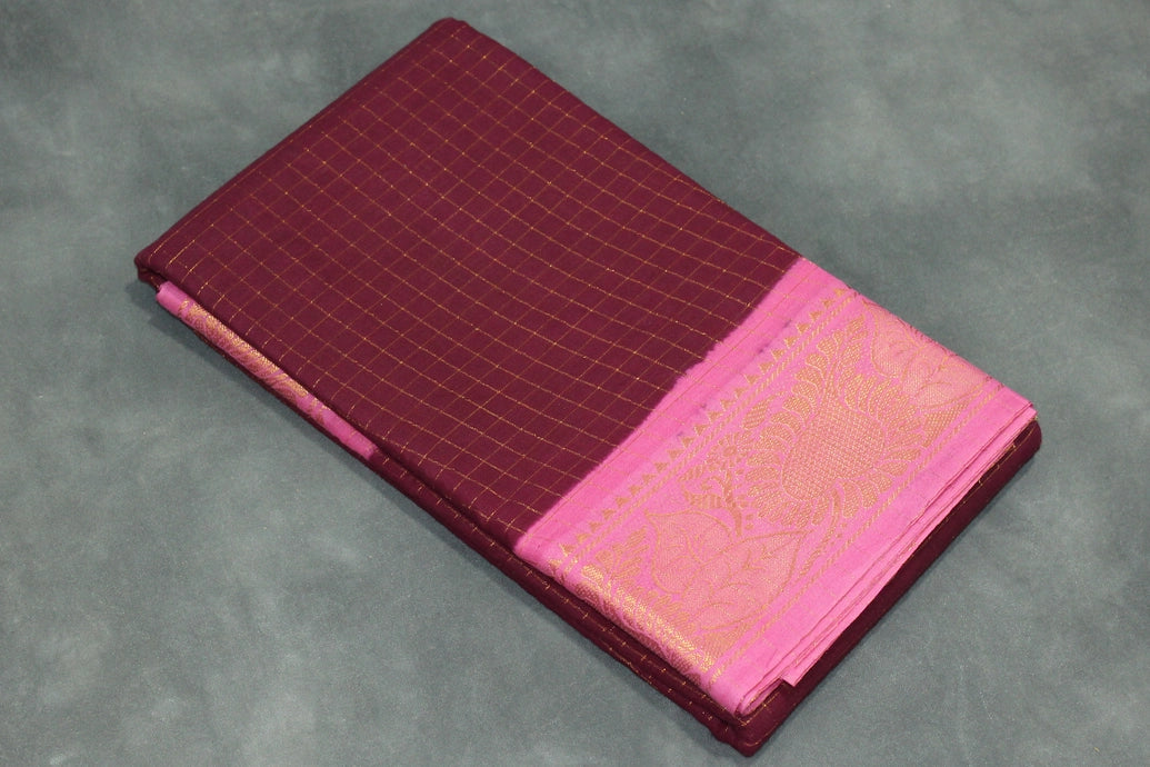 Purple Sungudi Cotton Checked Saree with Pink Peacock Gold Zari Double Border - Unstitched Blouse Included Saree JCS Fashions