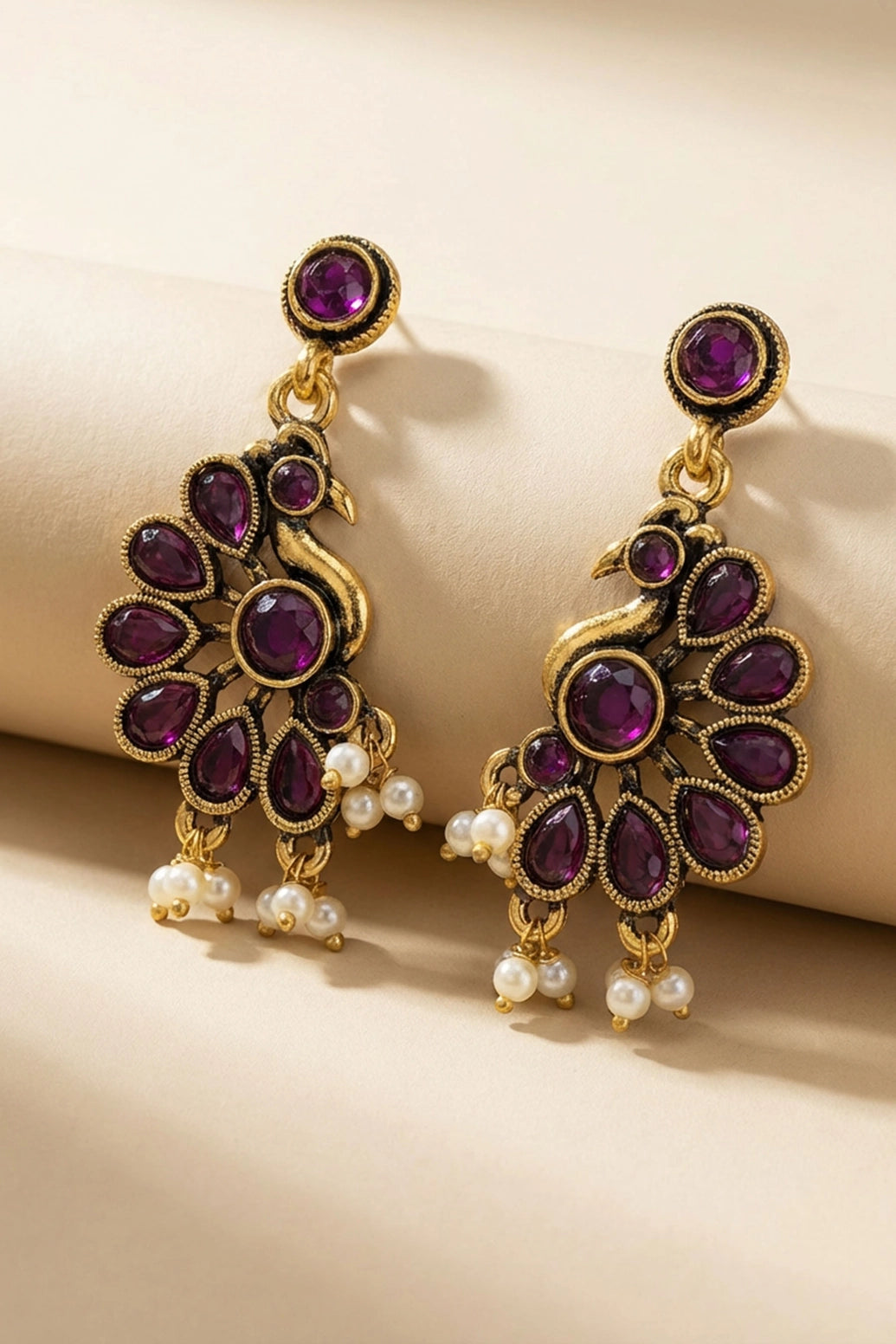 Purple Stone Antique Gold-Tone Floral Dangling Earrings with Pearl Drops for Traditional Wear