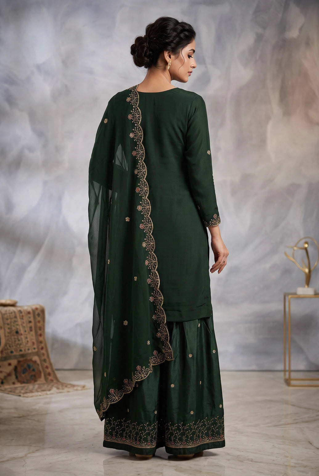 Green Embroidered Salwar Kurti 3-Piece Set with Organza Dupatta and Elastic Pant