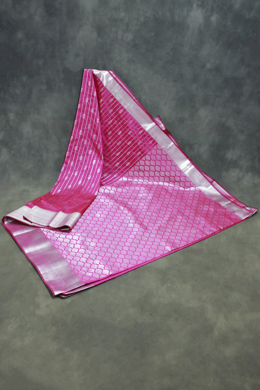 Magenta Pink Bridal Vaira Oosi Saree with Silver Zari Border and Matching Blouse, Soft Silk