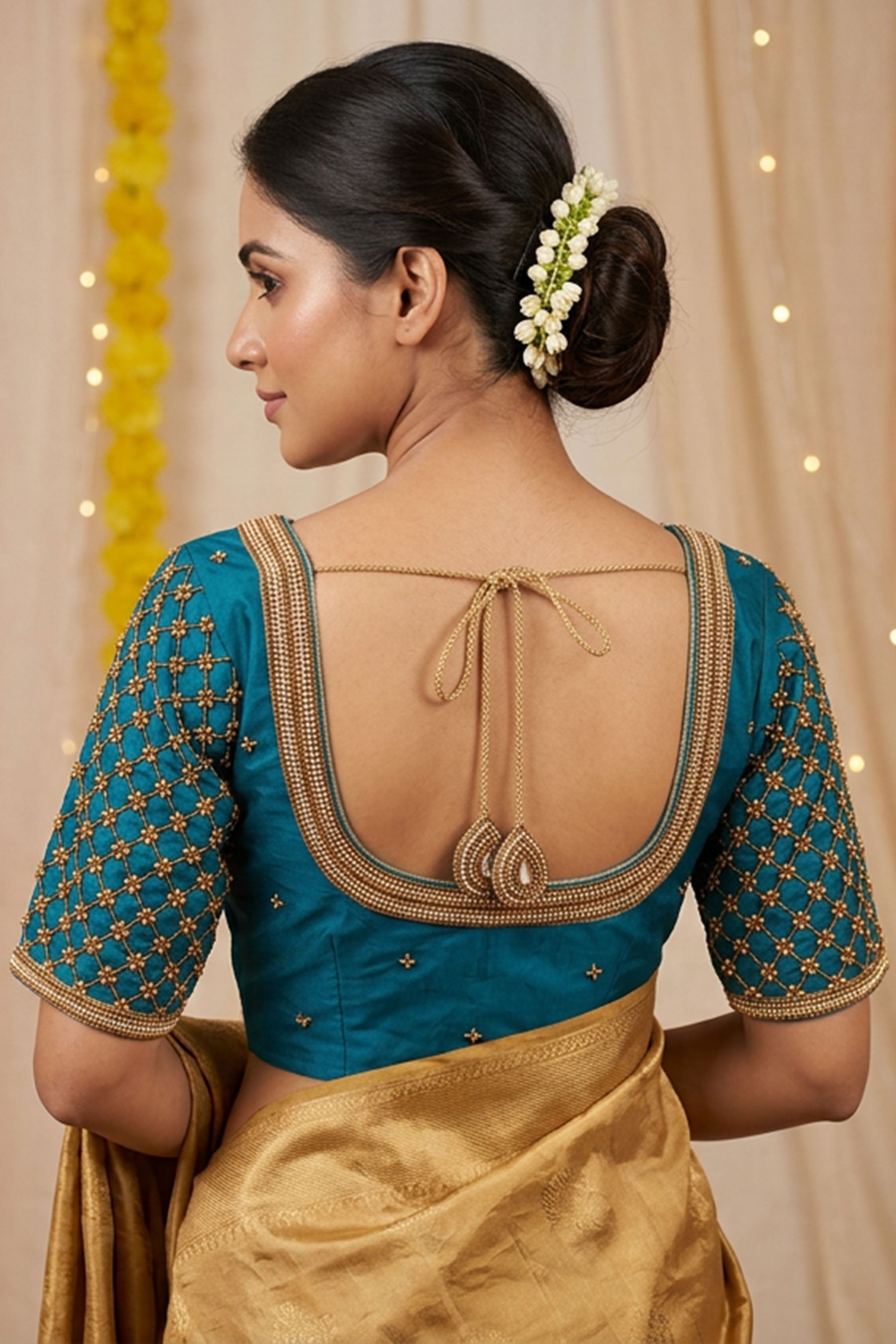 Blue Heavy Aari Work Blouse - With Latkan - AI Model Photo 3