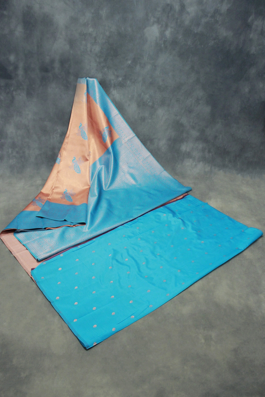 Kubera Pattu Saree Pastel Orange with Big Peacock Motif & Big Zari Border, Semi Silk Saree with Blouse