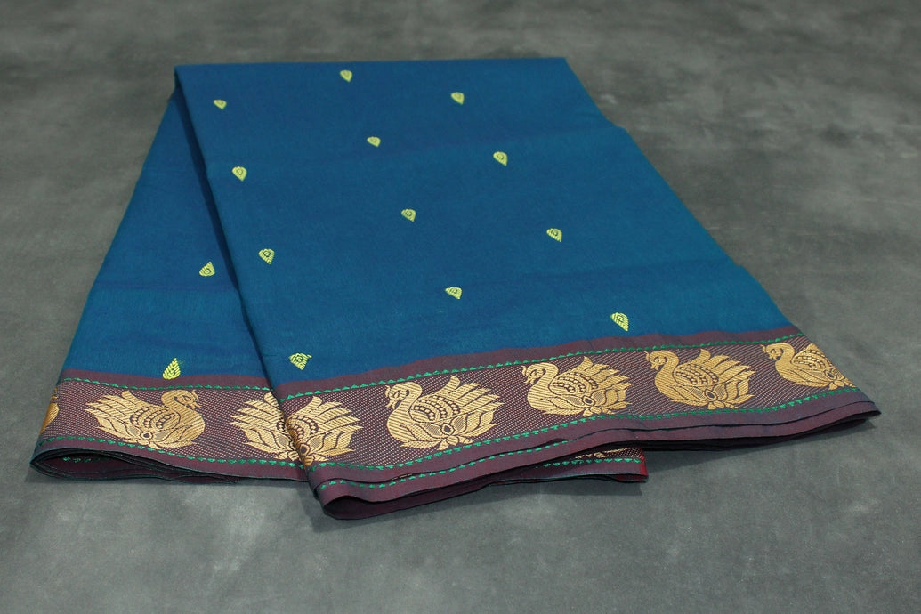 Rama Blue Poly Cotton Butta Saree with Gold-Colour Swan Thread Border - Traditional Indian Saree Saree JCS Fashions