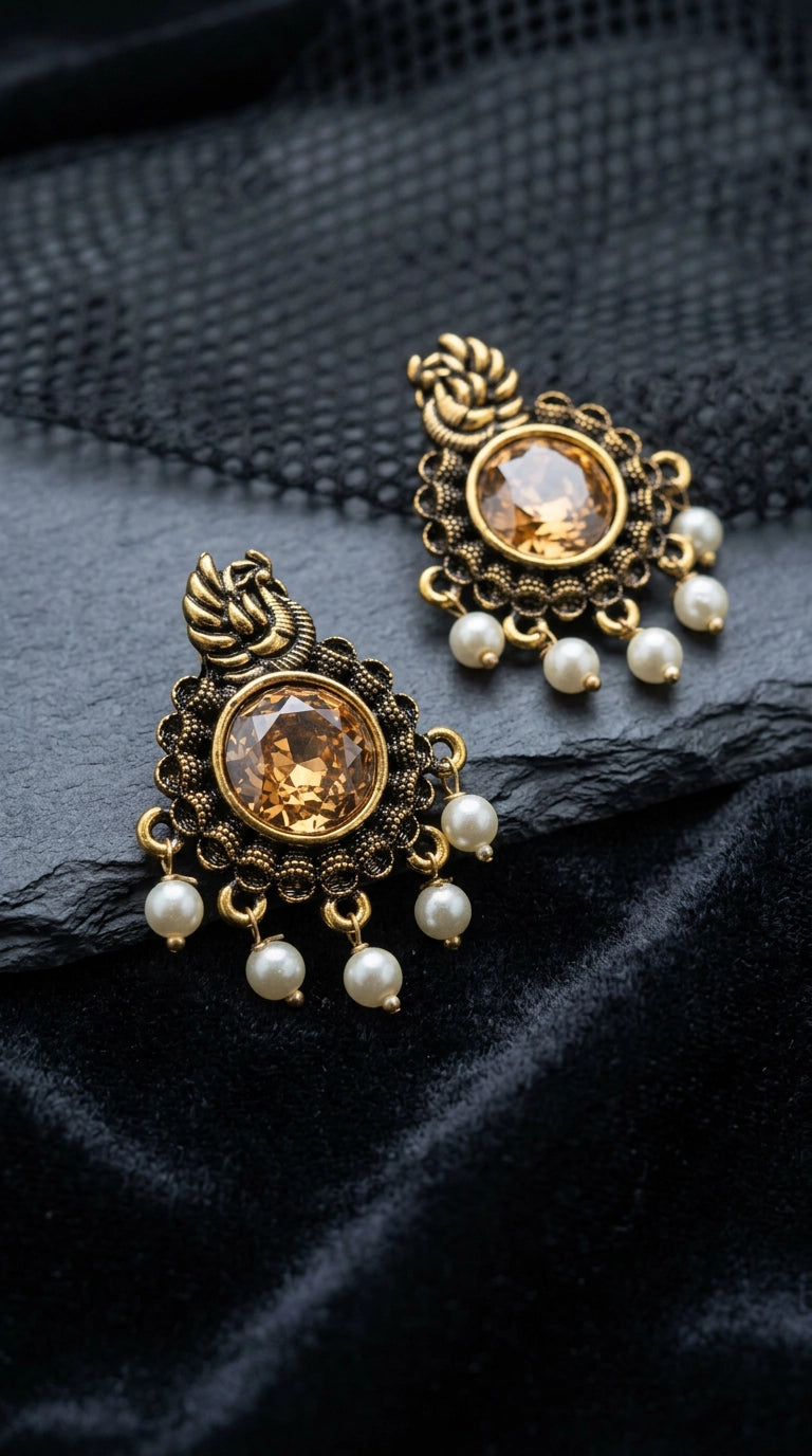 Gold-Tone Round Champagne Statement Earrings with Pearl Drops, Antique Finish for Traditional Festive Wear