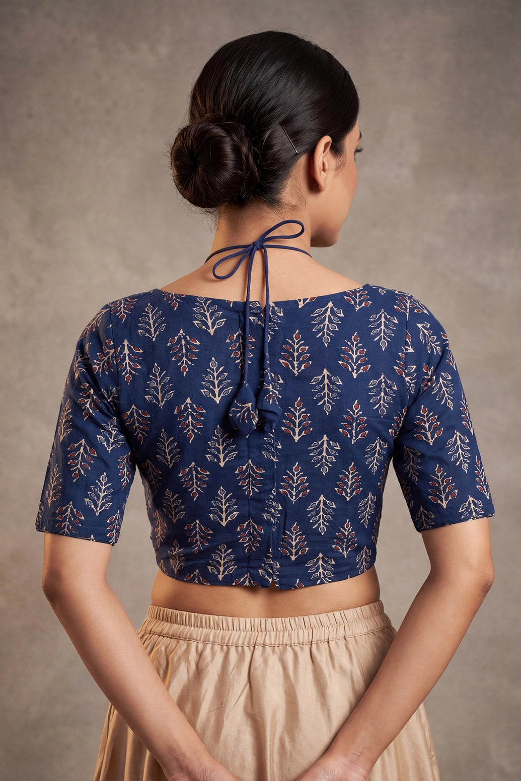 Navy Blue Floral Leaf Cotton Padded Readymade Blouse with Back Knot, Elbow Sleeves, Fully Stitched
