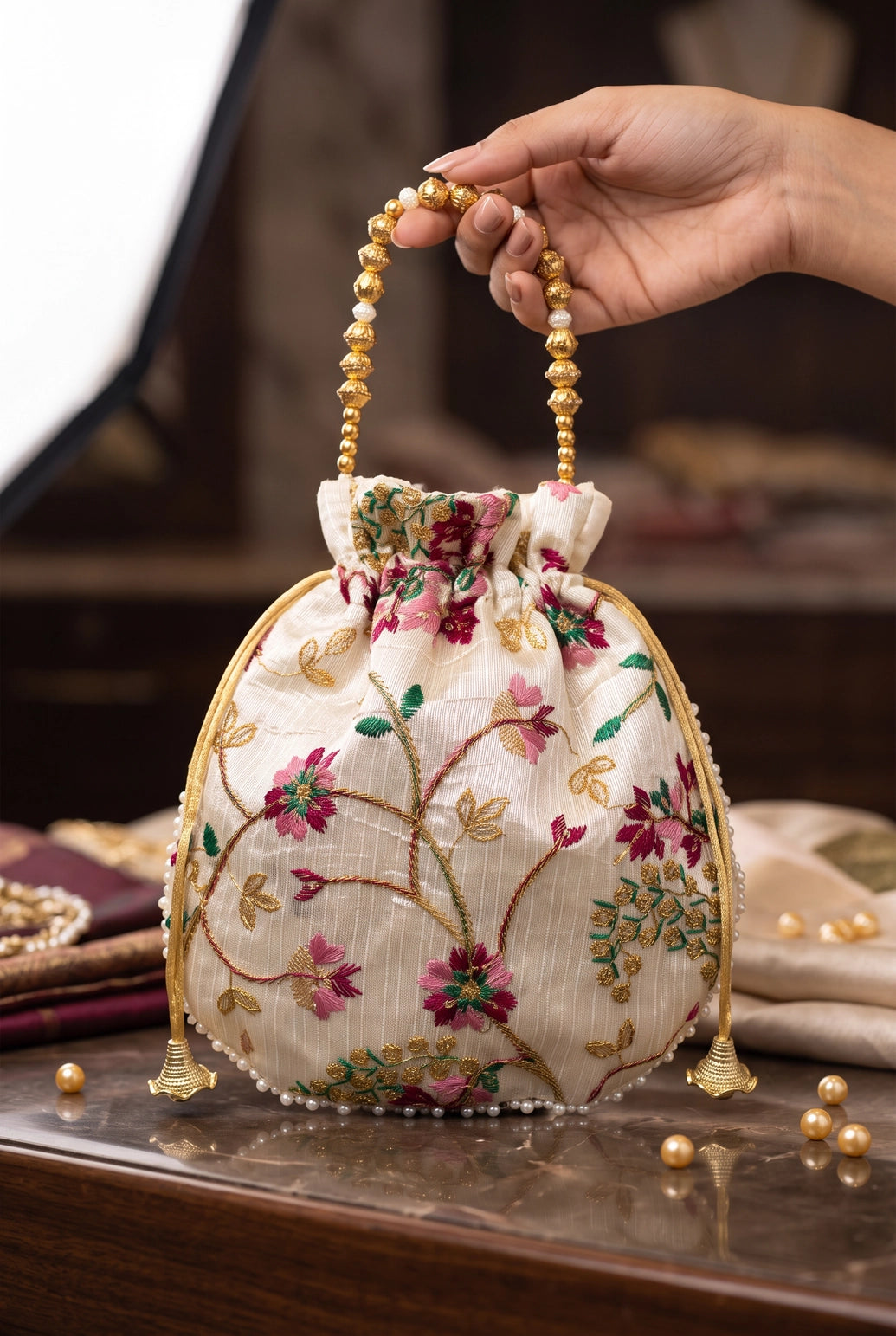Cream Floral Embroidered Potli Pouch with Drawstring and Pearl Bead Trim for Wedding & Festive Gifting