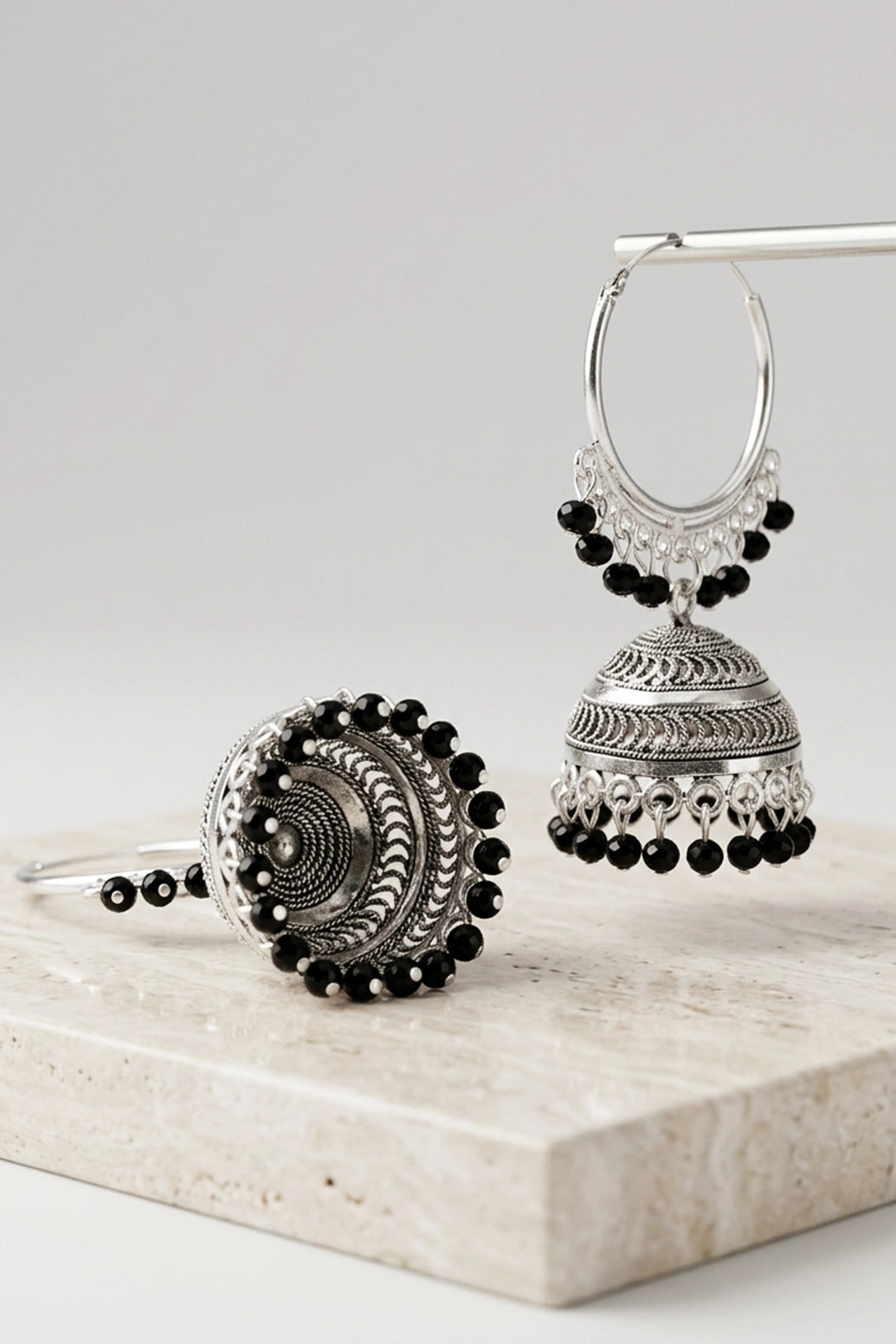 Black Silver Oxidized Jhumka Hoop Earrings with Black Beads, Bali Style Round Hoop for Traditional Wear