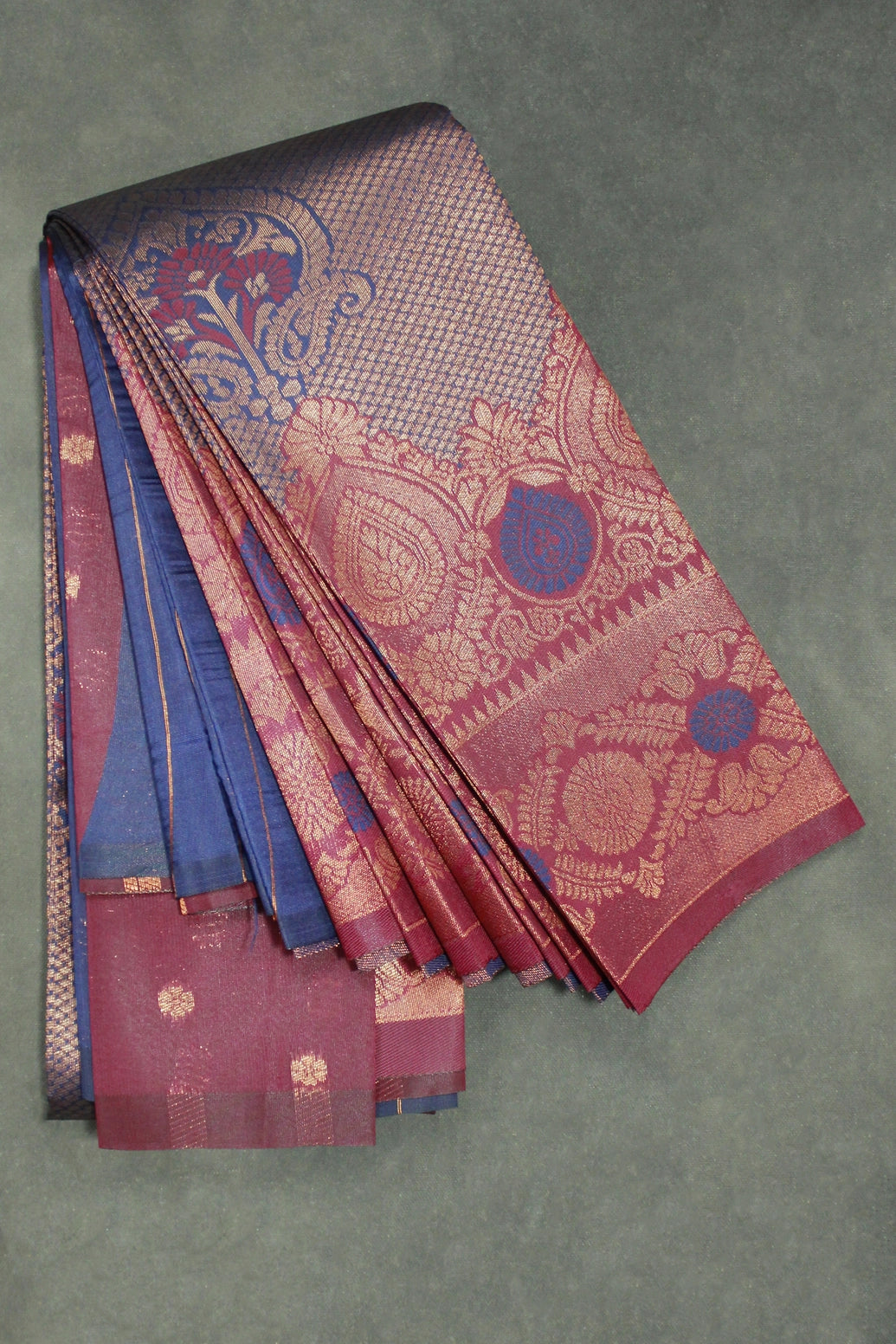 Navy Blue Kubera Pattu Silk Saree with Traditional Border and Blouse Piece | Semi Silk